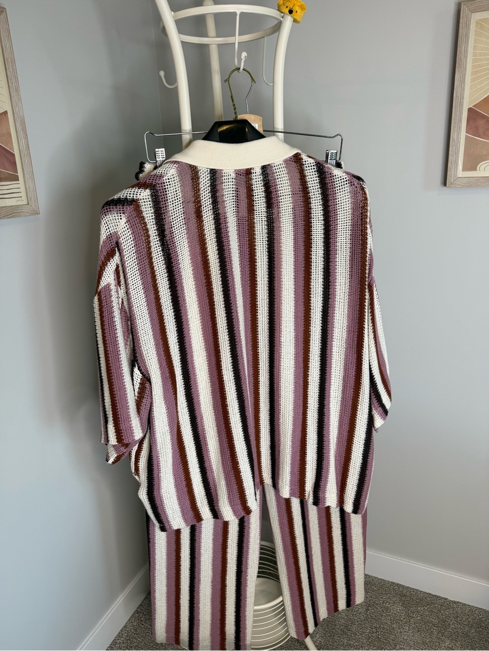 Zara Striped Button-Front Knit shirt and pants set - Cream, Pink & Brown - Picture 8 of 11